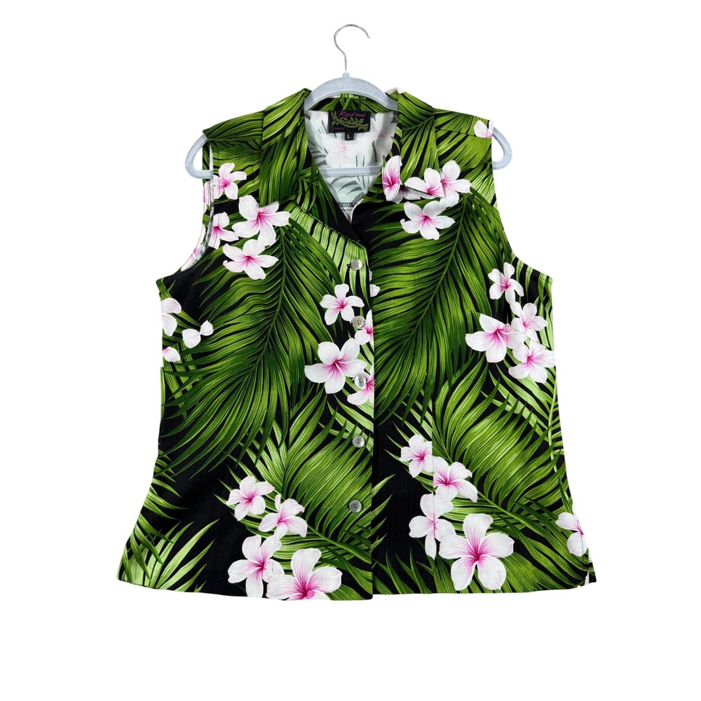Kahulana Hawaii Women‎ Sleeveless Aloha Shirt Tropical Floral Green Button Top L
